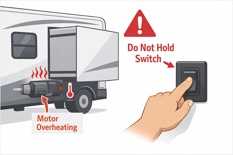 RV slide-out stalled with warning not to hold the switch, showing slide motor overheating when forced