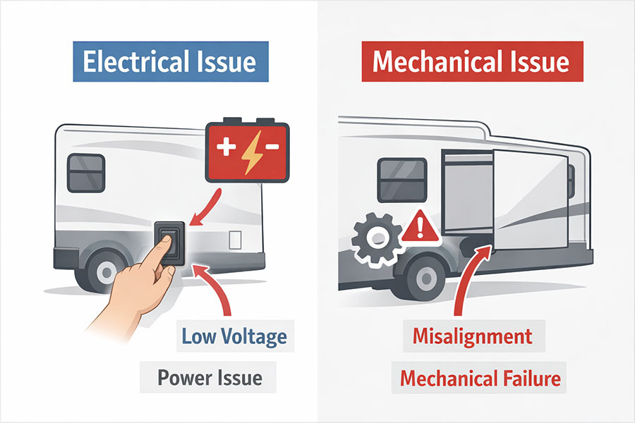 Diagram comparing RV slide-out electrical issues versus mechanical failures