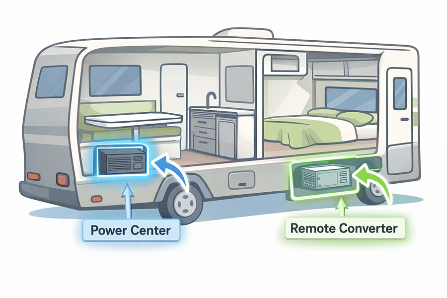 RV cutaway showing converter locations: power center under dinette and a remote converter in a storage bay