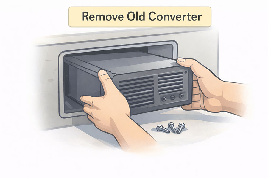 Illustration showing an old RV converter being slid out after screws are removed
