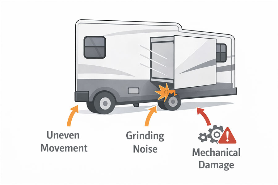 RV slide-out extending unevenly indicating mechanical failure or misalignment