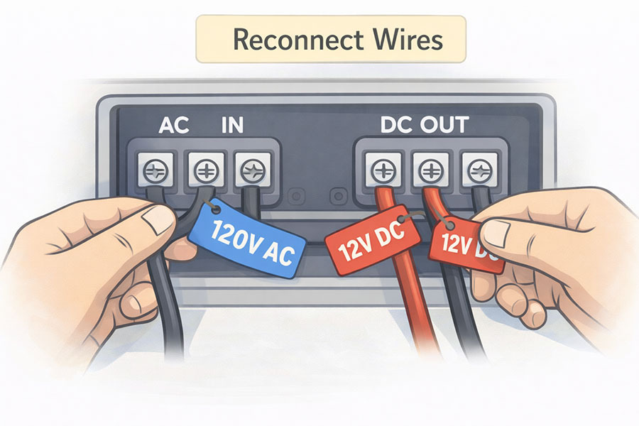 Illustration showing labeled color-coded AC and DC wires being reconnected to the correct terminals