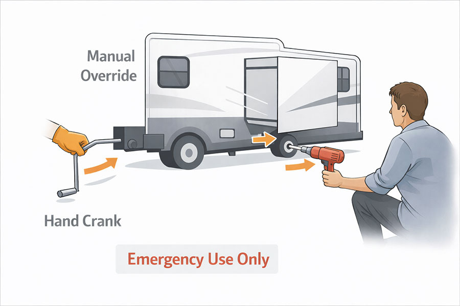 Manual RV slide-out retraction using crank or drill assist