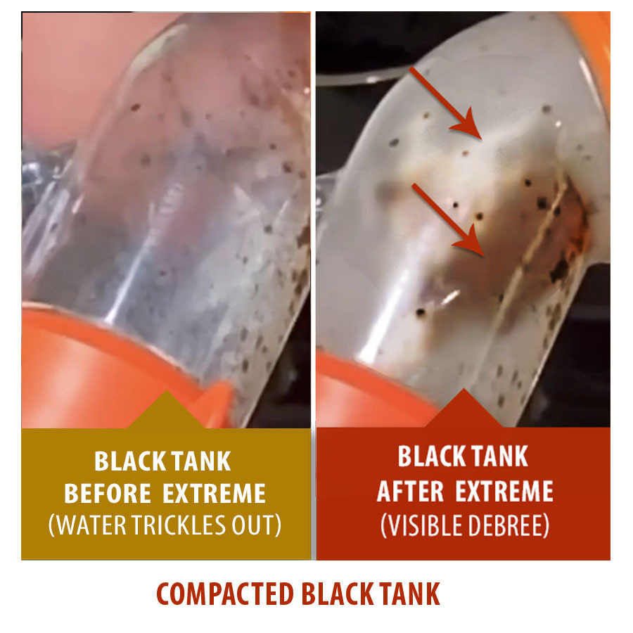 Compacted RV black tank before and after cleaning