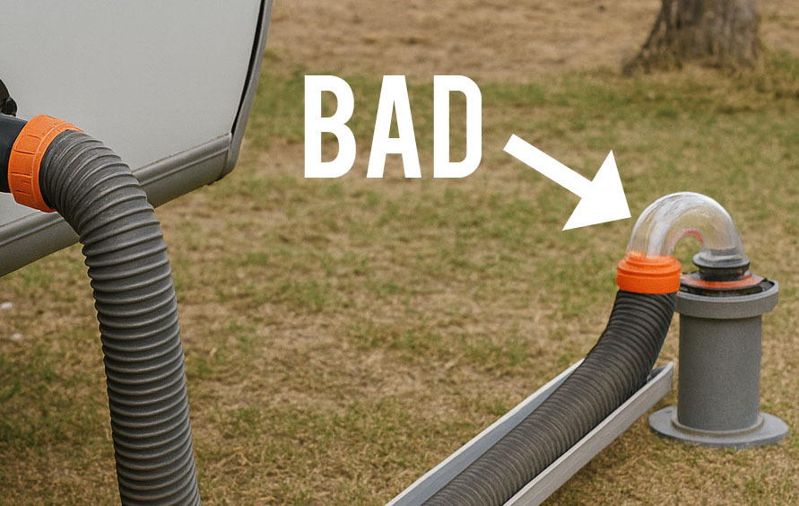 Example of bad vs good RV sewer hose slope when campground hookup is higher than outlet