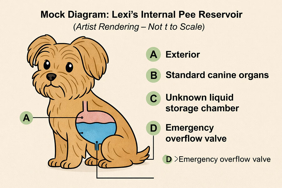 Funny mock diagram of a Yorkie internal pee reservoir
