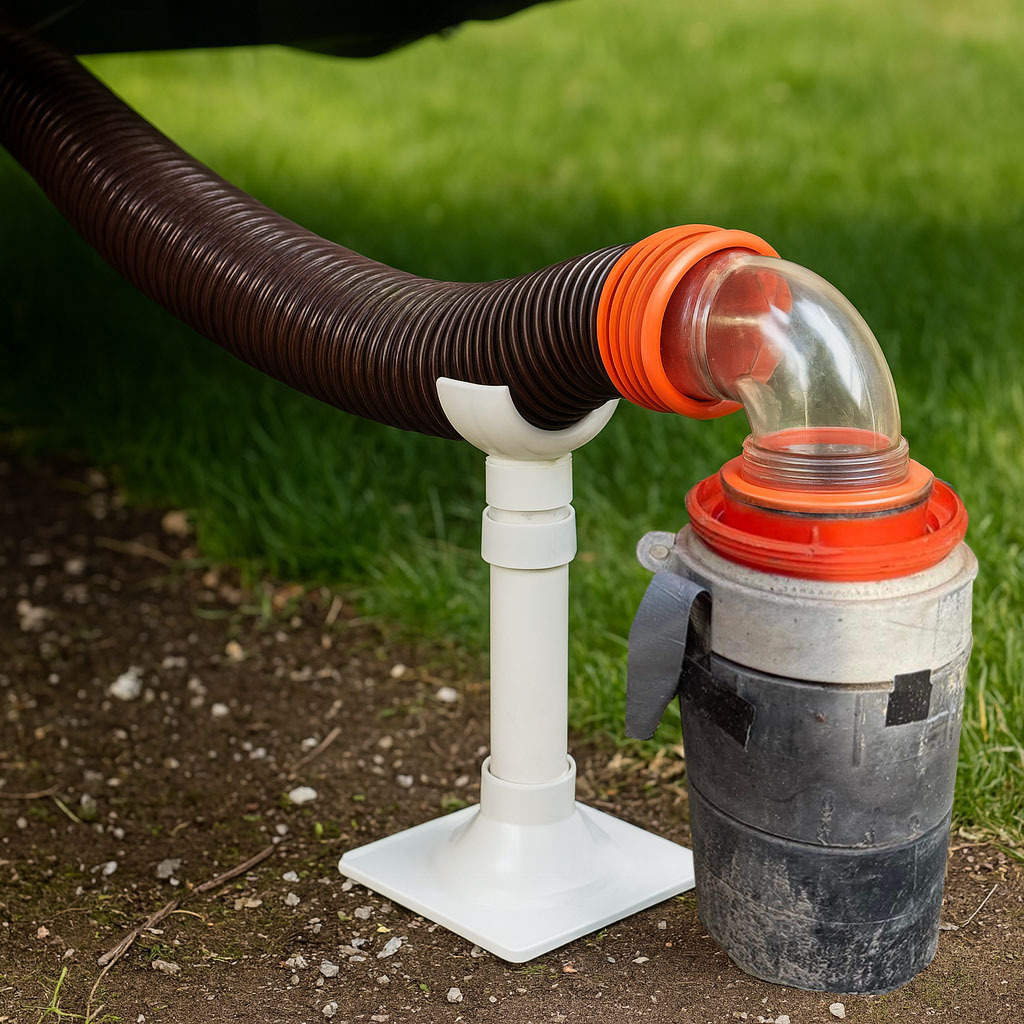 DIY PVC half-pipe cradle sewer hose supports to fix uphill campground hookups