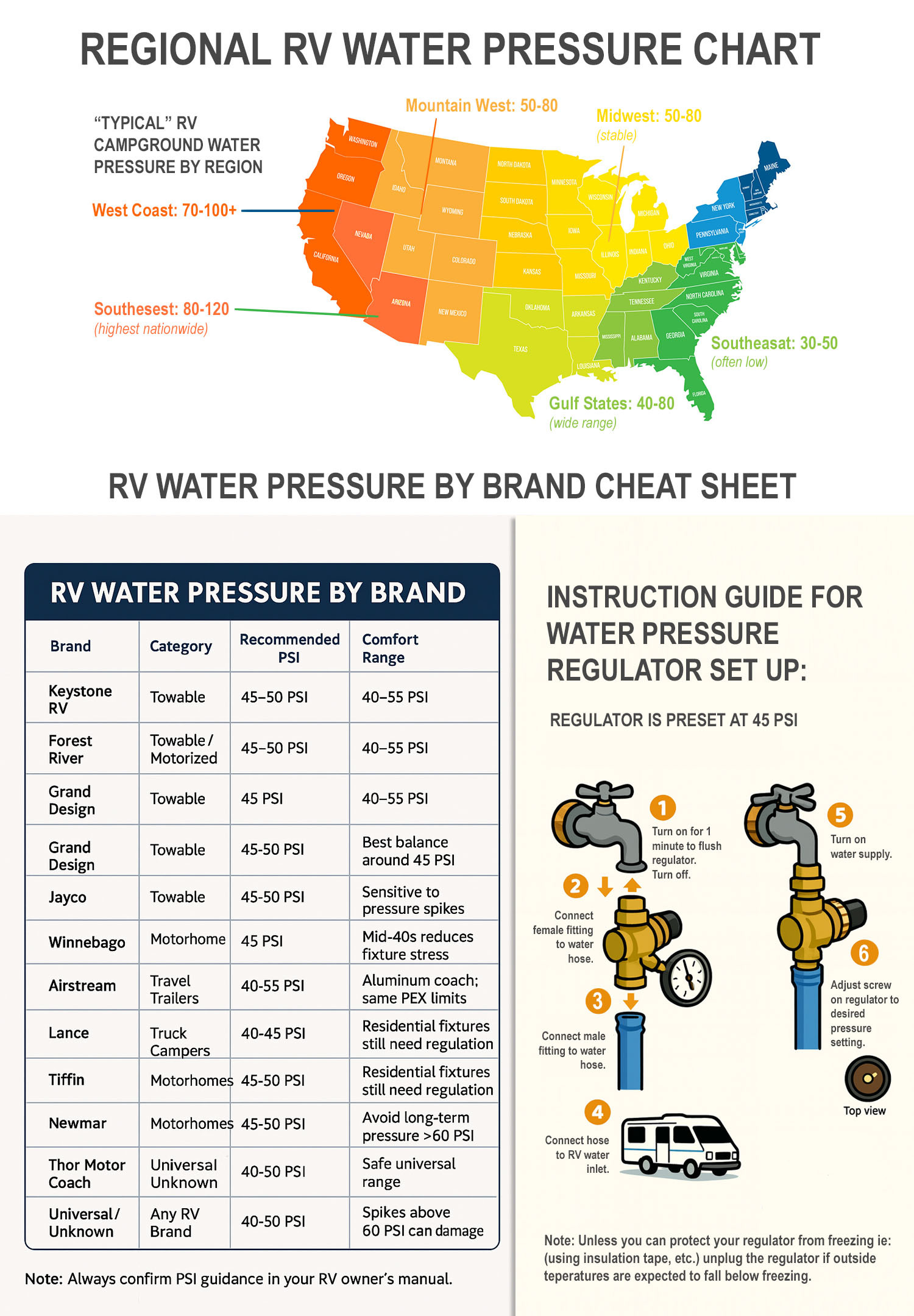 RV Water Pressure Infographic RV Water Pressure Infographic — Regional PSI map and RV brand PSI chart