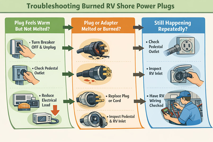 RV burned shore power plug RV burned shore power plug caused by a loose campground pedestal outlet