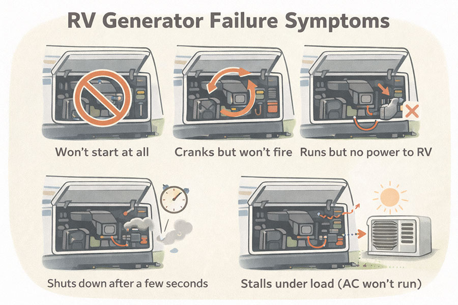 Infographic showing RV generator failure symptoms: won&rsquo;t start at all, cranks but won&rsquo;t fire, runs but no power to RV, shuts down after a few seconds, stalls under load with AC not running.