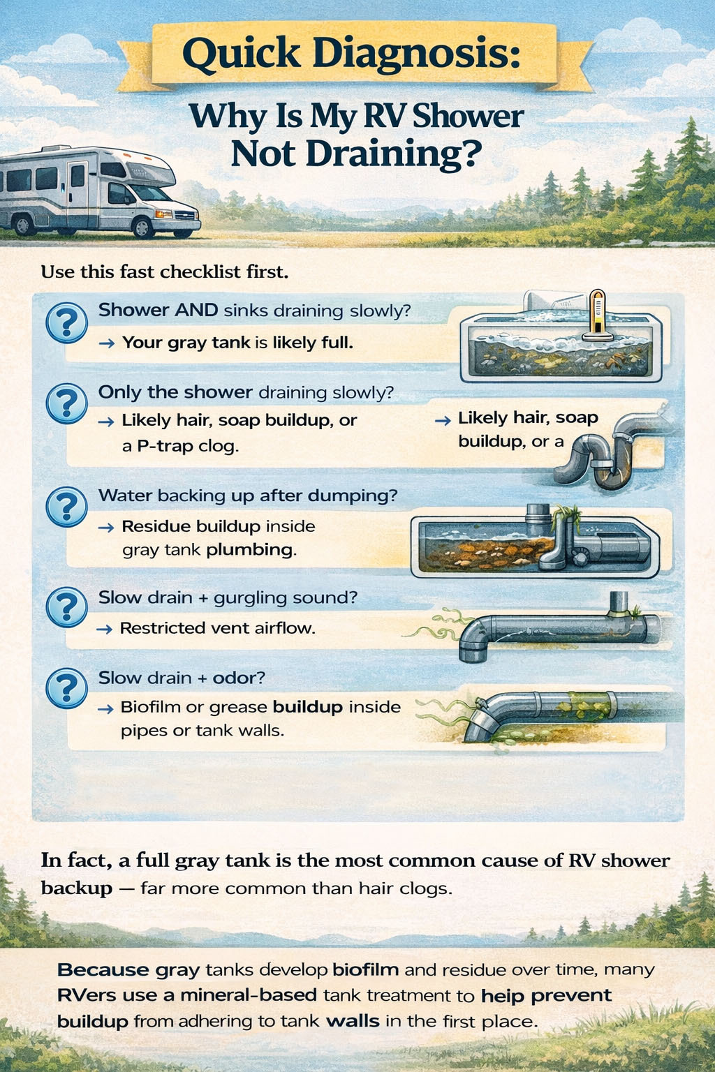 RV Shower Not Draining Quick Diagnosis Infographic RV shower not draining quick diagnosis infographic showing gray tank, P-trap, vent airflow, and buildup causes