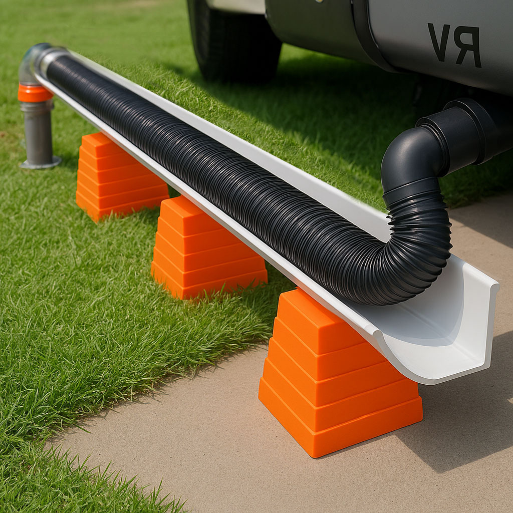 DIY RV vinyl gutter sewer hose ramp to maintain downhill slope when campground hookup is higher than outlet