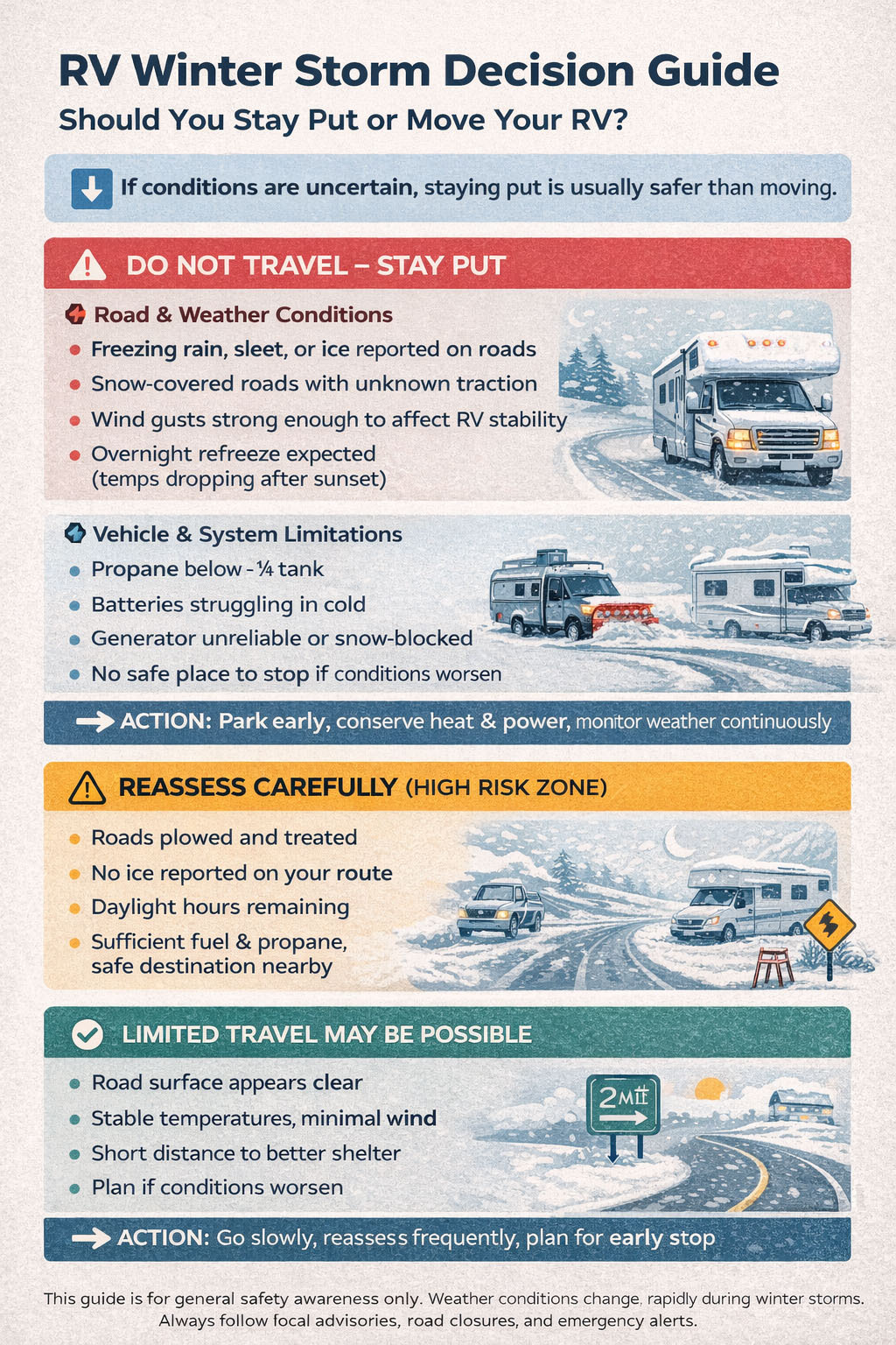 RV winter storm decision guide infographic showing when to stay put or travel