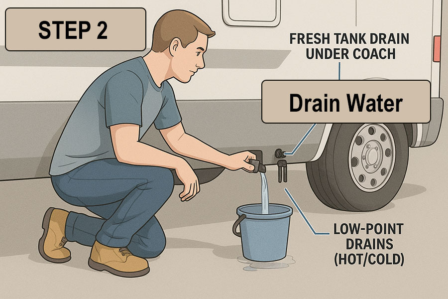 RV owner opening fresh water tank drain and low point drains underneath the RV