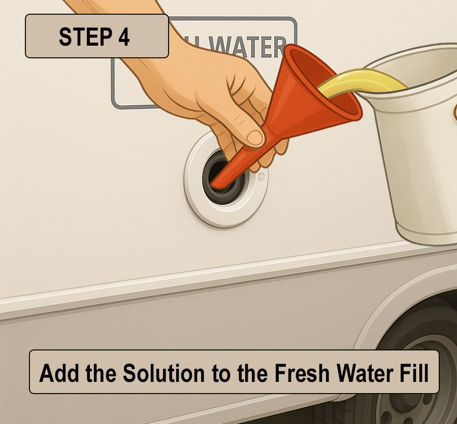 Pouring diluted sanitizing solution into the fresh water fill port using a funnel