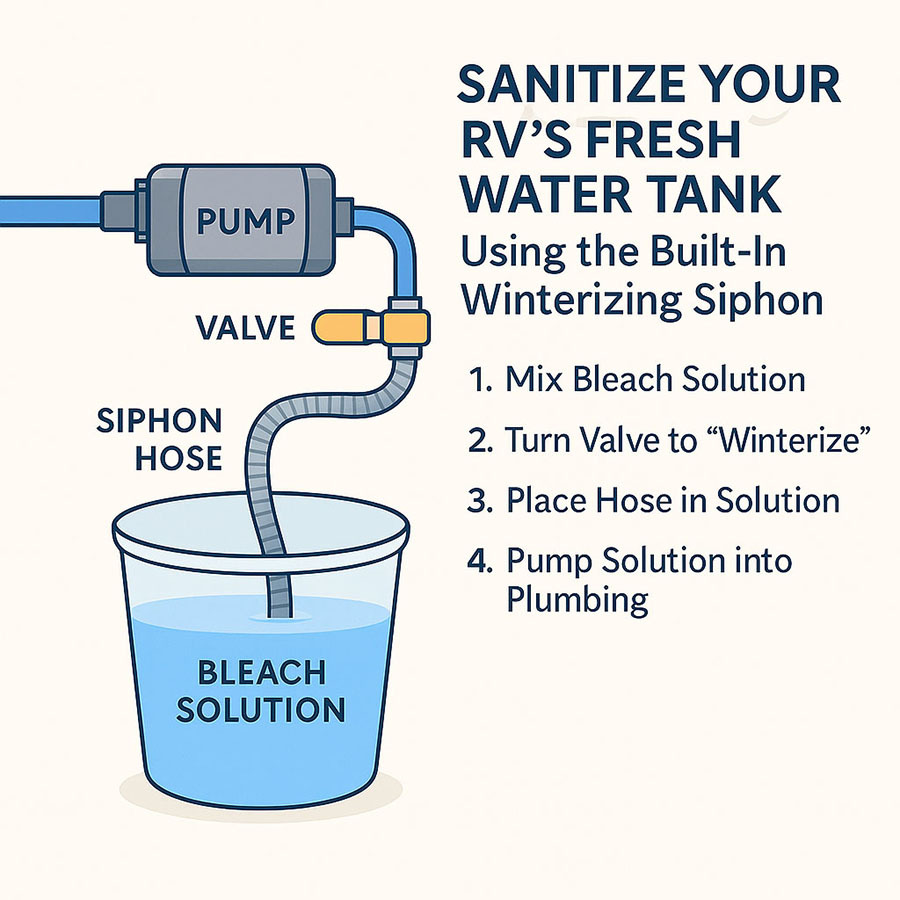 Illustration showing how to add sanitizing solution using an RV winterizing siphon for pressurized fresh water systems Illustration showing how to add sanitizing solution using an RV winterizing siphon for pressurized fresh water systems