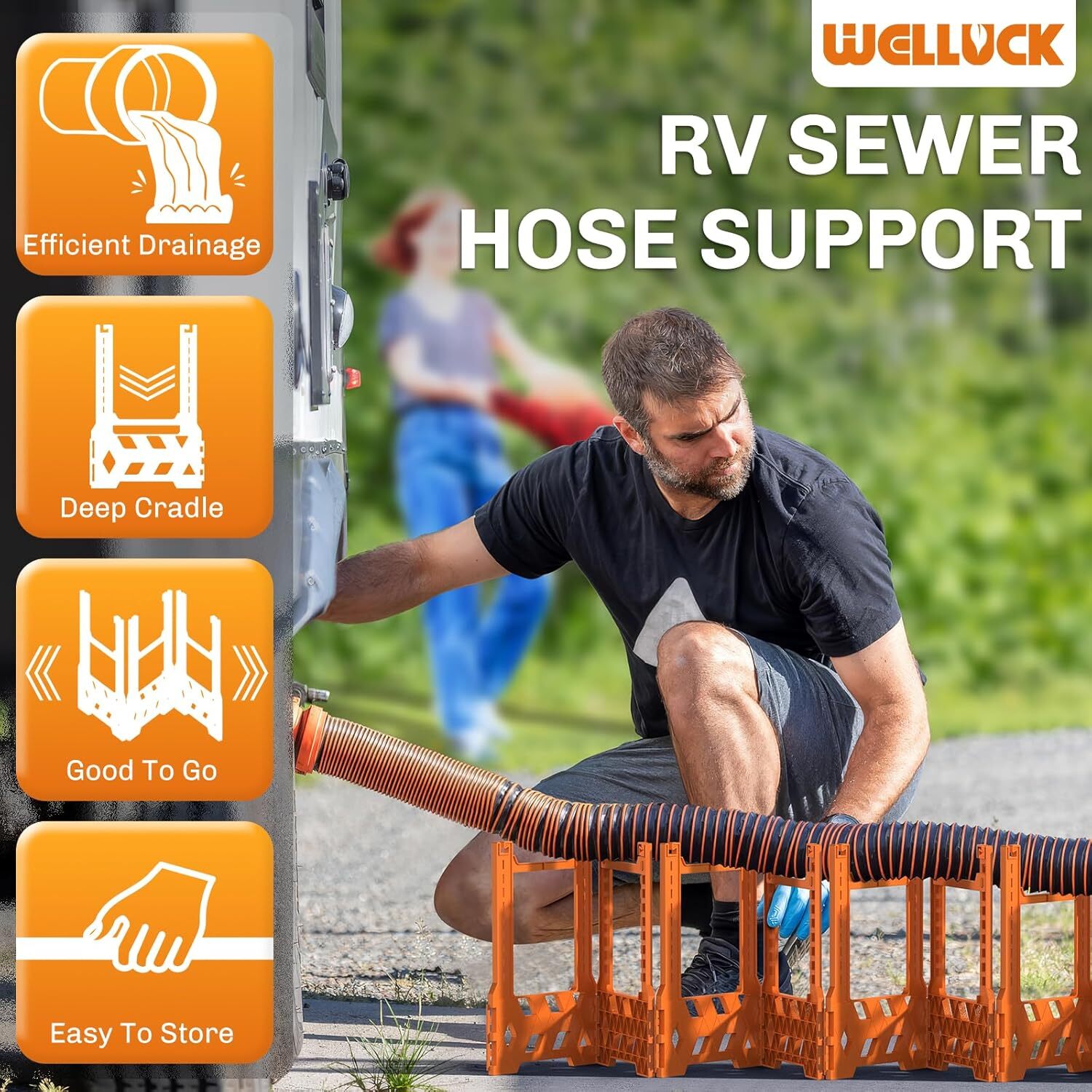 Adjustable RV sewer hose support ramp creating downhill slope at an elevated campground hookup